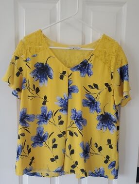 Skies Are Blue Yellow Floral Lace Shoulder Blouse